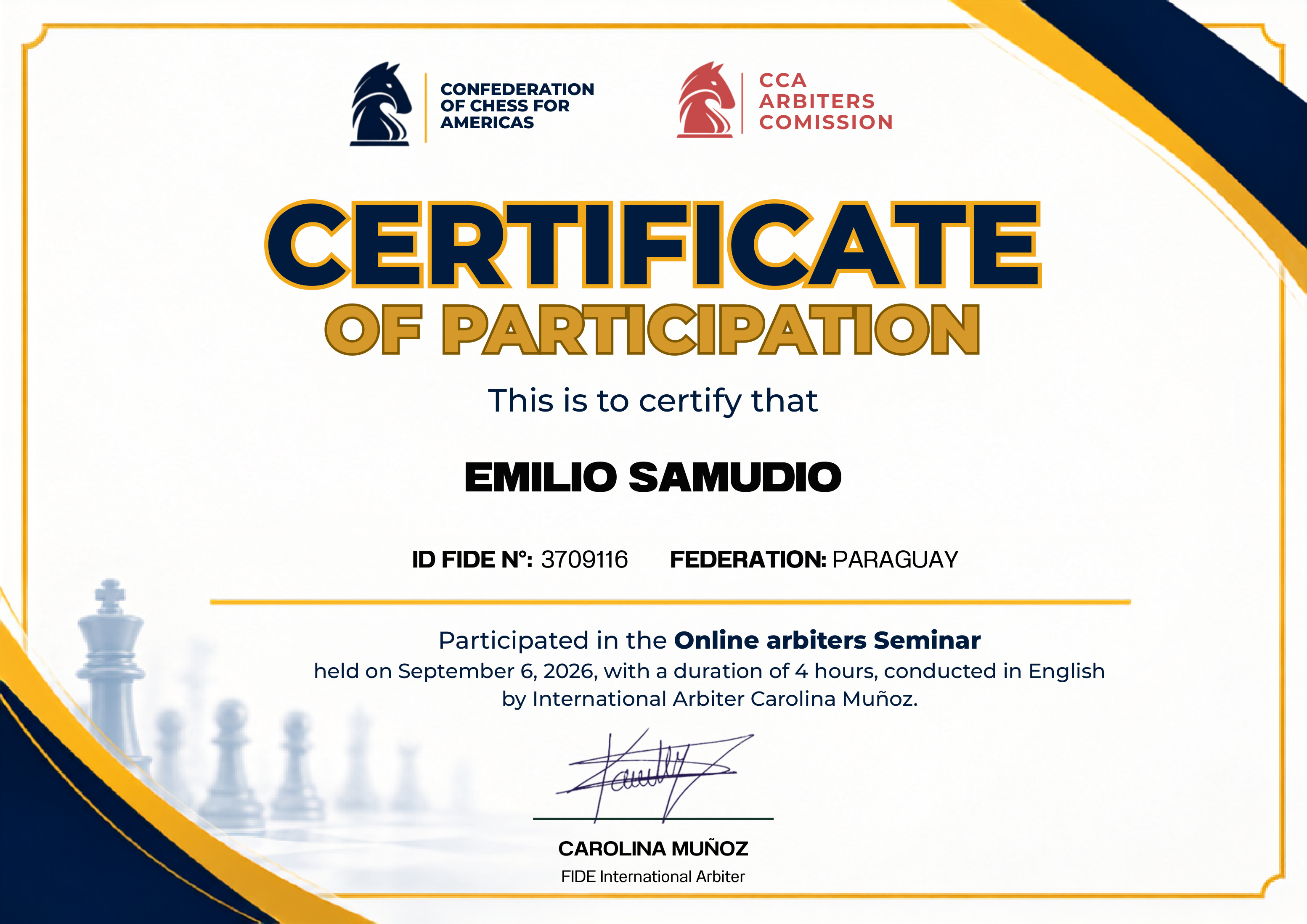 Certificado en inglés - Online Arbiters Seminar - Emilio Samudio 2026
